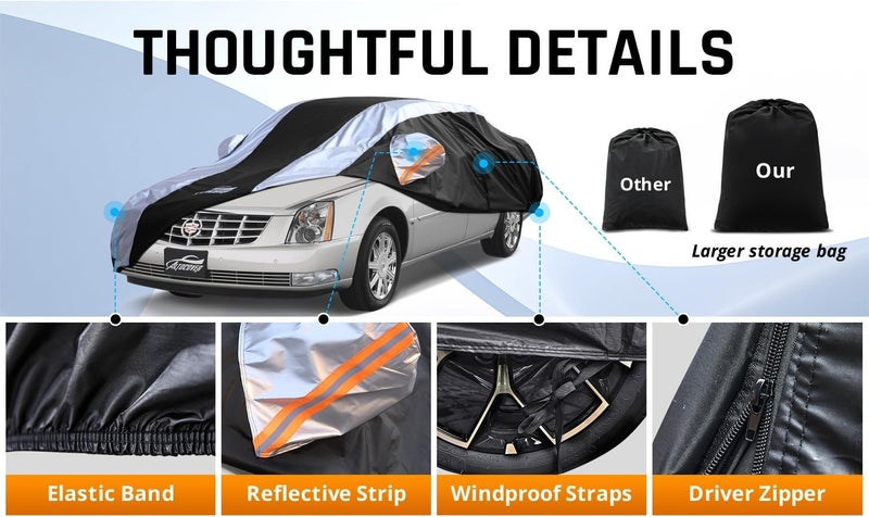 AltoCover Car Cover Waterproof All Weather with Silver Strip Design, Custom Fit for DTS(2006–2011), XTS(2013-2019), CT6(2016-2020), DTS Accessory with Door Zipper & Windproof Straps - Image 5